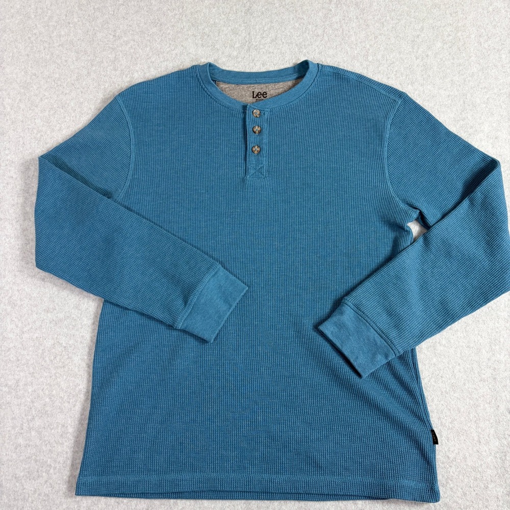 Lee Mens Medium Blue Waffle Knit Thermal Henley Long Sleeve Shirt Regular Fit